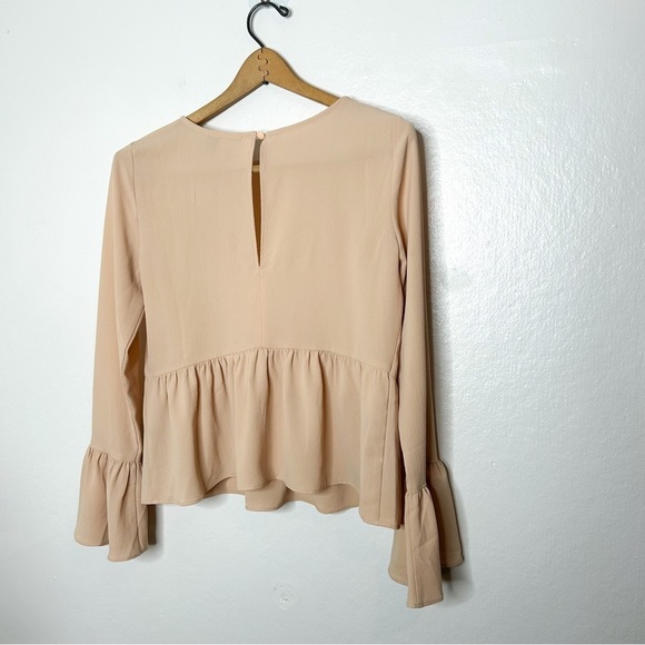 ASOS Design Lightweight Long Bell Sleeve Peplum Blouse Neutral Nude Beige 4 - Picture 7 of 8